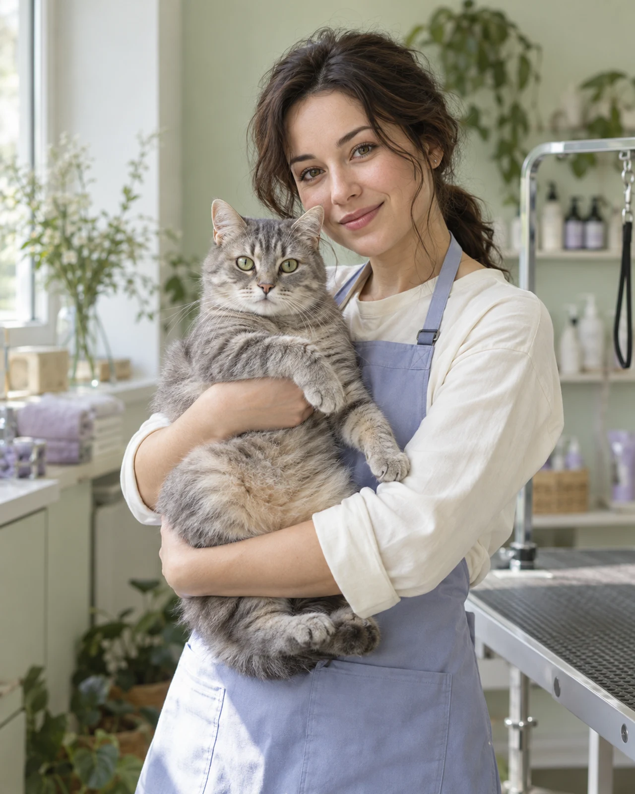 Маша — мастер ухода за кошками, держит серого кота